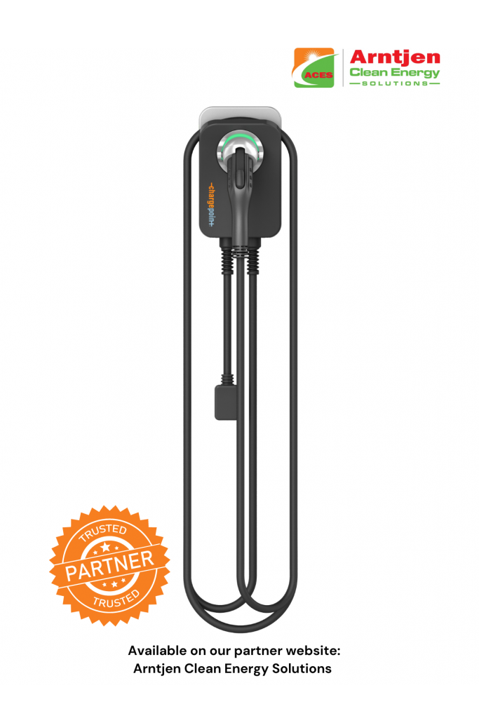 Home EV charger mounted on a blank white background with charging cables hanging over the unit.