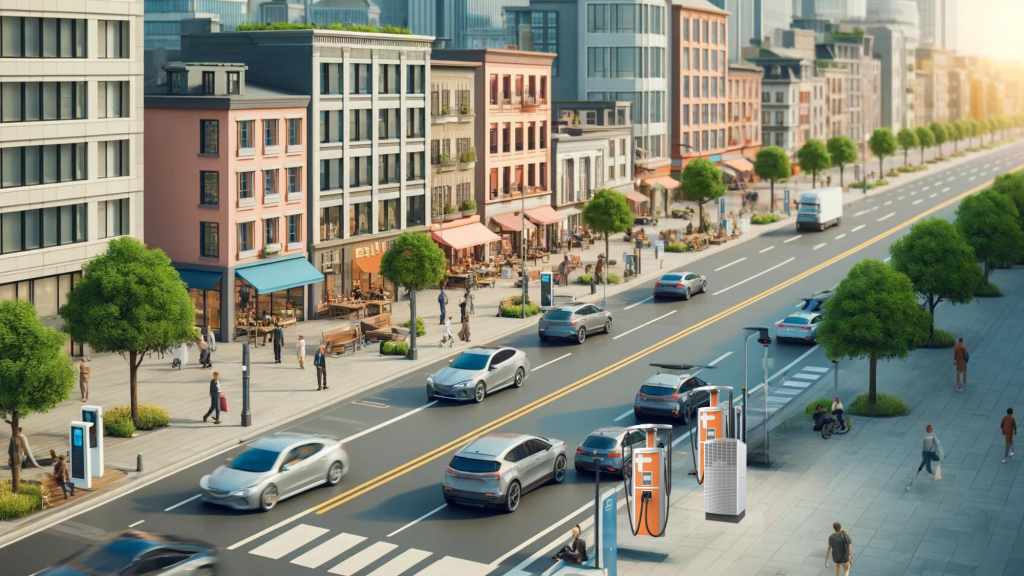 Image of a modern urban city featuring ChargePoint EV chargers